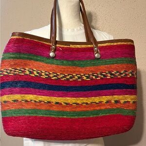 Anthropologie Colorful Striped Woven Straw Tote Bag with Leather Straps